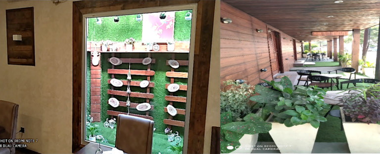 Habillage façade extérieure en bois traité, intérieure mur avec papier peint, sol avec paquet et un jardin artificiel